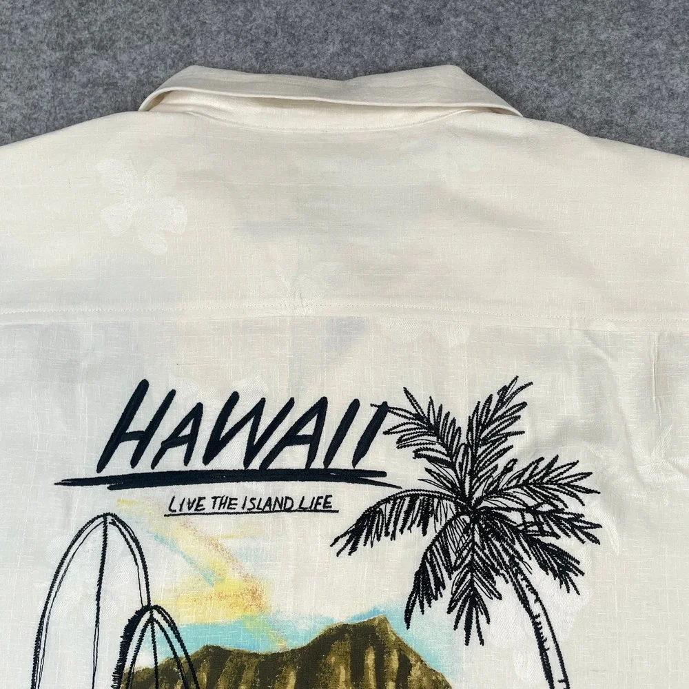 Tommy Bahama Mens Hawaiian Shirt Large Hawaii Graphic Silk Blend Cream